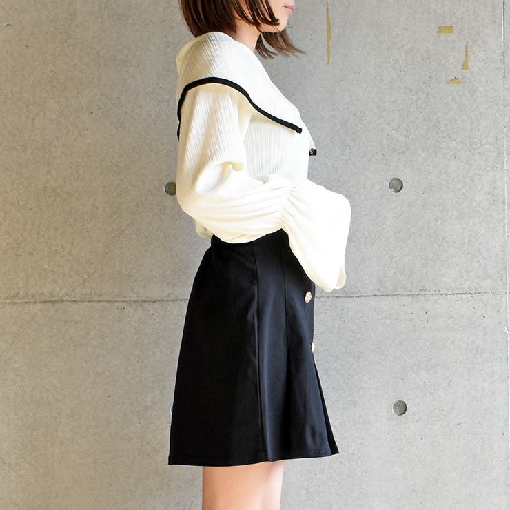 【L・黒】ミニスカート ボタン止めプリーツスカート 洋服 レディースファッション
