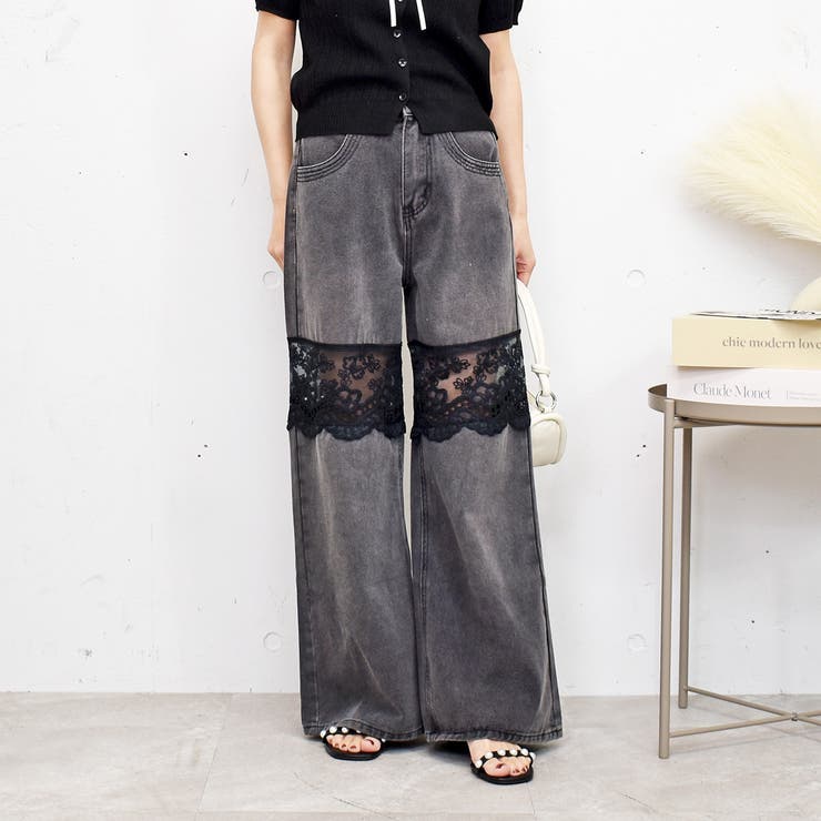 ブラック | レースリメイクデニムパンツ | FUN