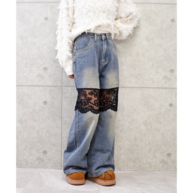 ブルー系 | レースリメイクデニムパンツ | FUN