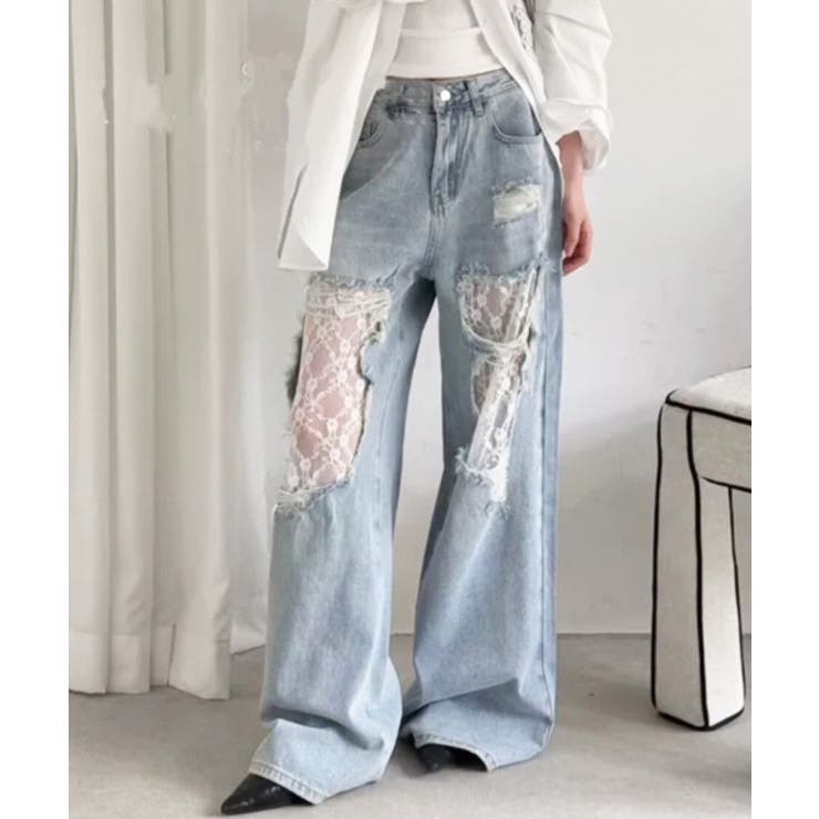 ブルー | ダメージレースパンツ | FUN