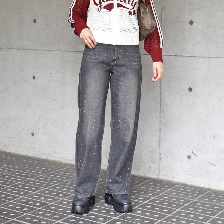 ブラック | ラインストーンデニムパンツ | FUN