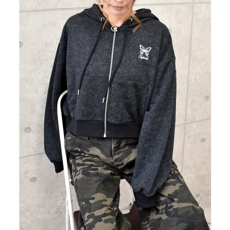 9090girl ラメ入り短丈ブラックフード付きパーカー 9090 Logo Glitter