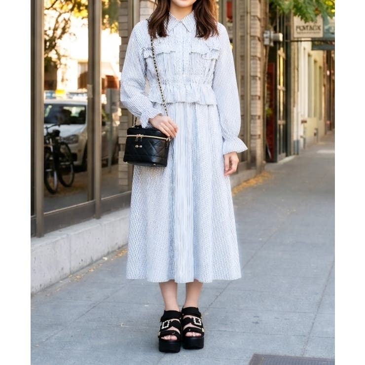 ホワイト×ブラック | フリルシャツワンピース | FUN