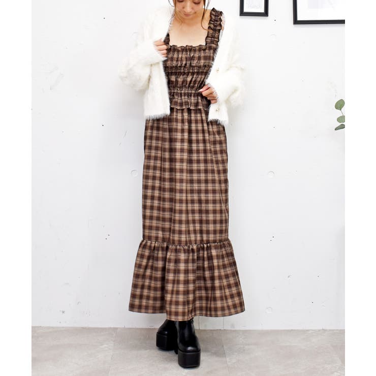 ブラウン | チェックシャーリングワンピース | FUN