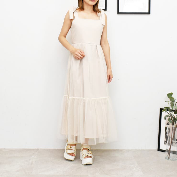 【Marchesa Notte】花 クリスタル リボン チュール ワンピース 肩リボンチュールワンピース[品番：TRNW0001036]｜FUN（ファン