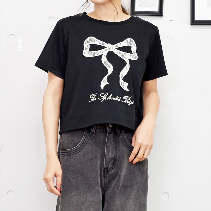 tシャツ レースリボンユニフォームTシャツ レディース lilful tシャツ レースリボン UネックリブピチT 透け感