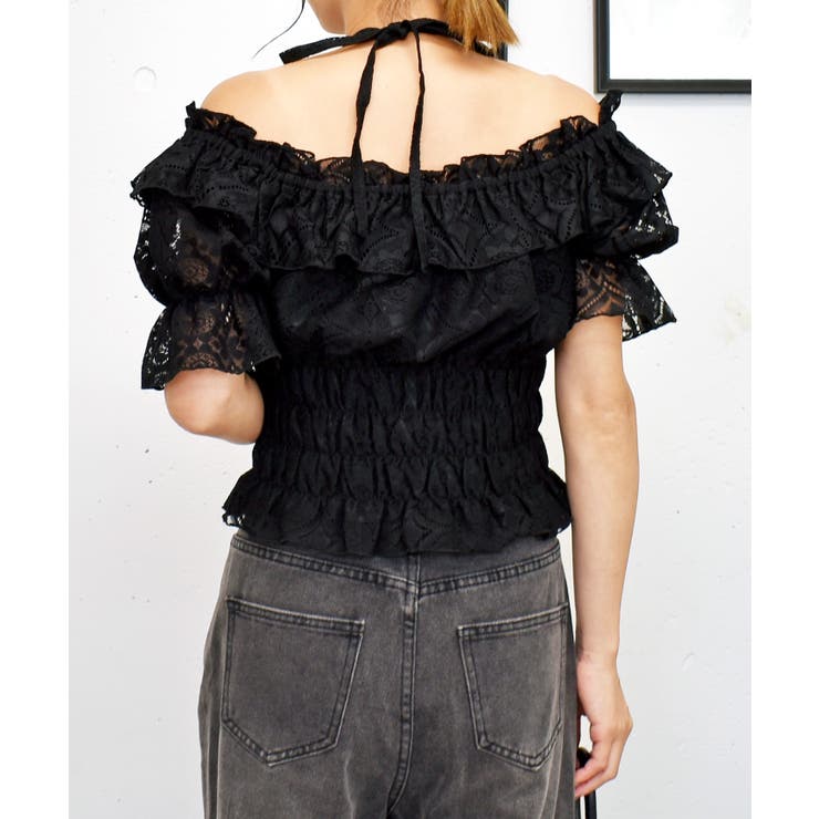 オッズオネスト オフショル フロントオープンブラウス 編み上げ レース