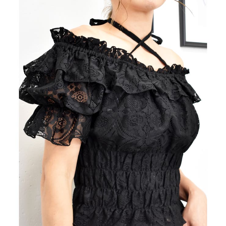 オッズオネスト　オフショル　フロントオープンブラウス　編み上げ　レース　黒 オッズオネスト オフショル フロントオープンブラウス 編み上げ レース 黒