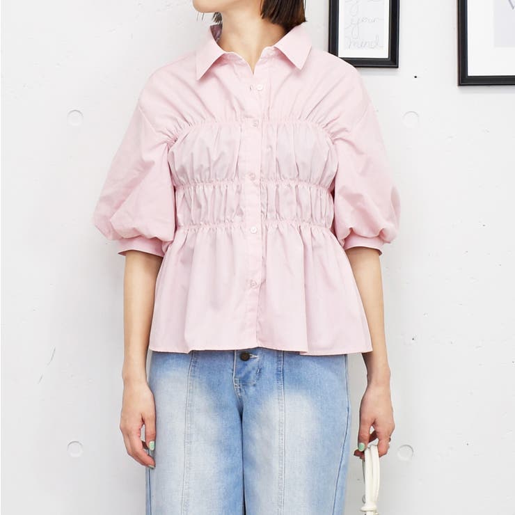 カデュネ 【美品】シャーリングバルーンブラウス M　ピンク 新品 正規品 CADUNE シャーリングバルーンブラウス カデュネ