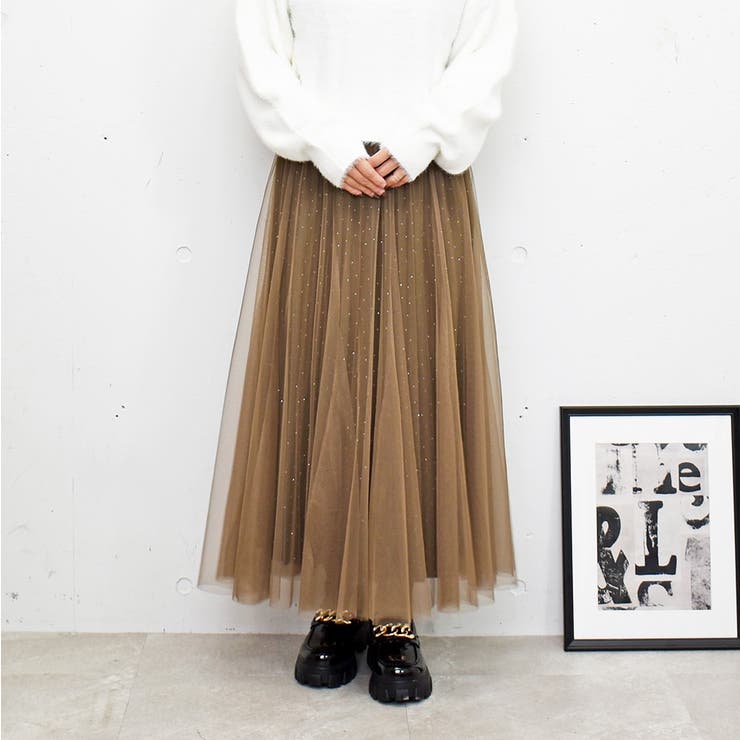 ブラウン | ストーンチュールスカート | FUN