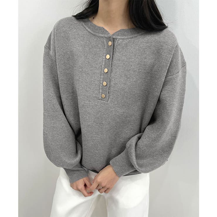 グレー | ゴールドボタンが映える。ヘンリーネックニットPO | futier land
