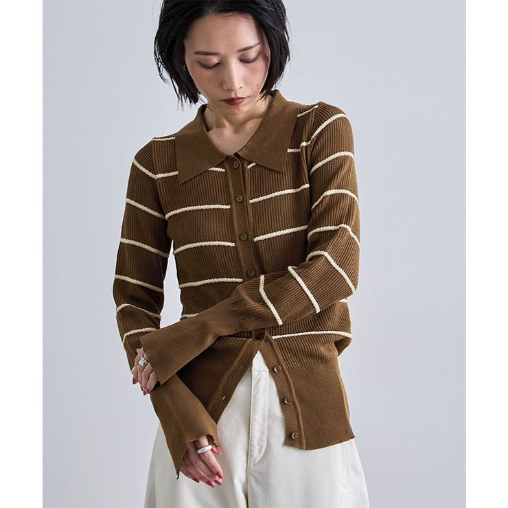 ブラウン | ボーダーポロ衿ニット | futier land