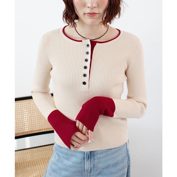 ヘンリーネック配色リブニットトップス | futier land | 詳細画像2 