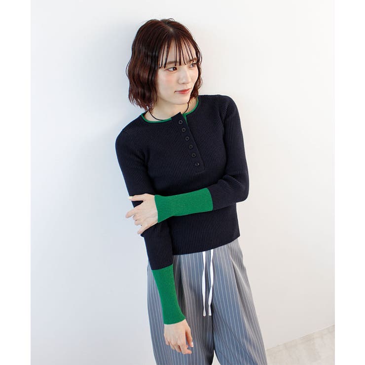 ヘンリーネック配色リブニットトップス | futier land | 詳細画像9 