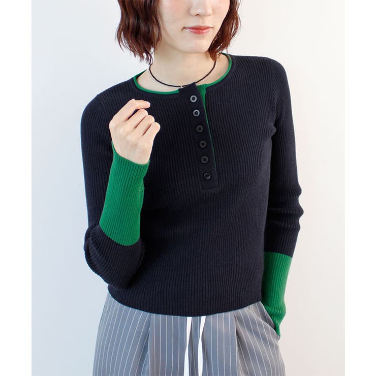 ネイビー | ヘンリーネック配色リブニットトップス | futier land