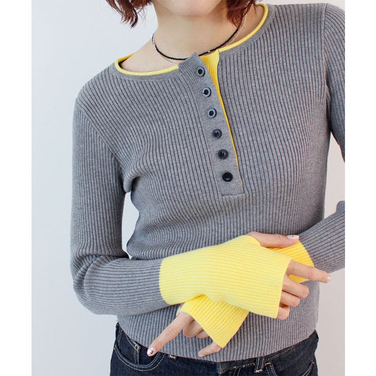 グレー | ヘンリーネック配色リブニットトップス | futier land