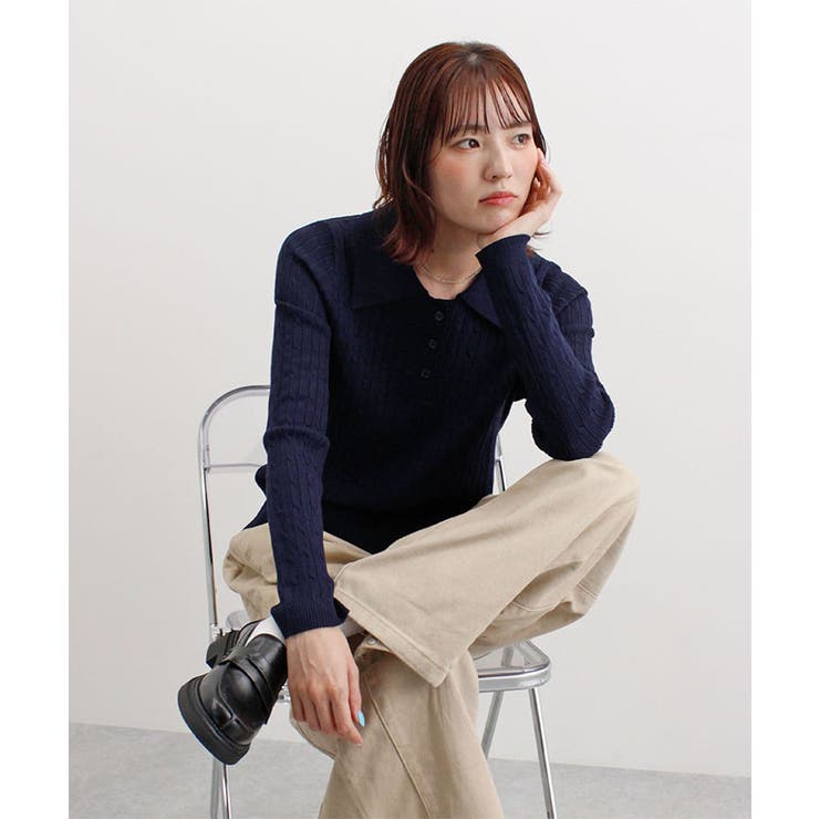ネイビー | ロゴ刺繍ケーブルポロニット | futier land