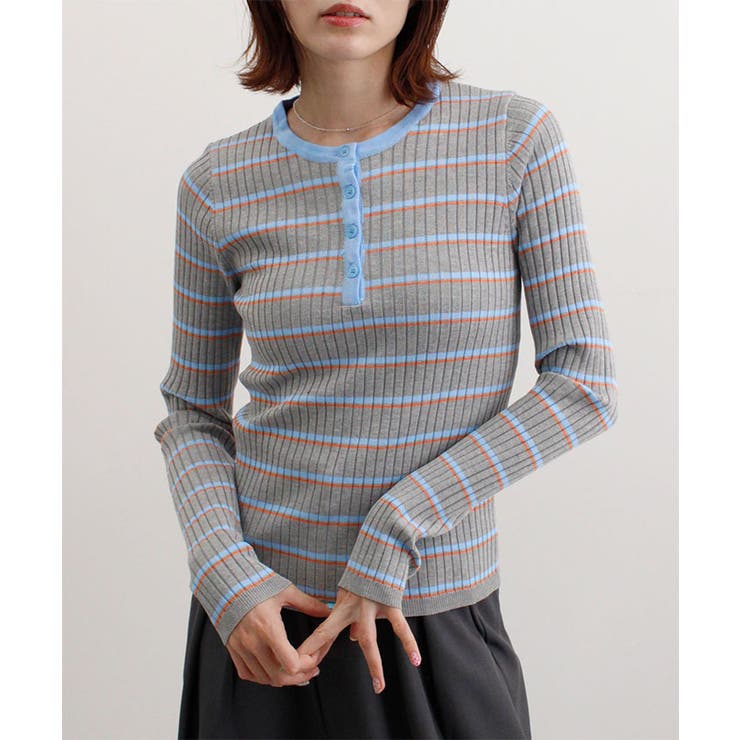 グレー | ヘンリーネック配色ボーダーリブニット | futier land