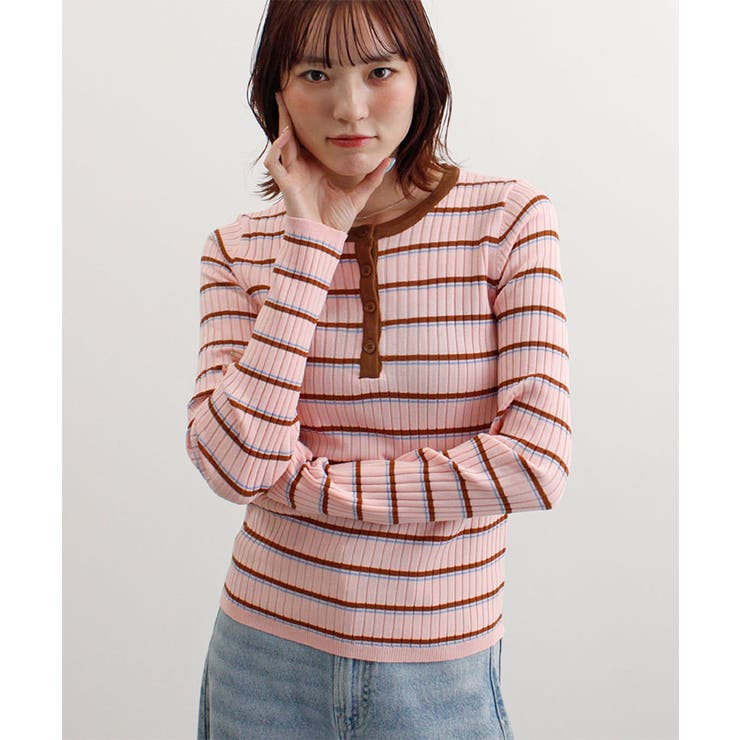 ピンク | ヘンリーネック配色ボーダーリブニット | futier land