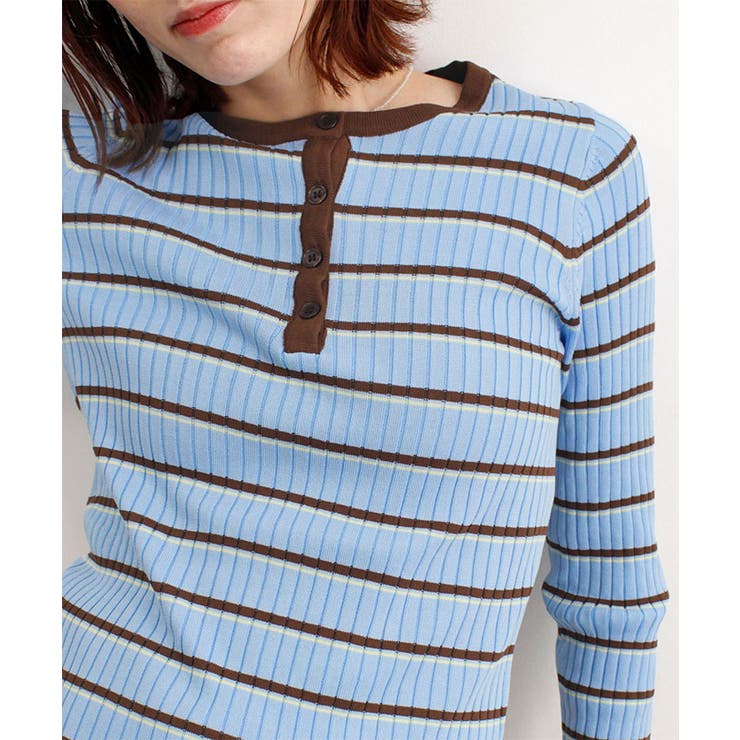 ブルー | ヘンリーネック配色ボーダーリブニット | futier land