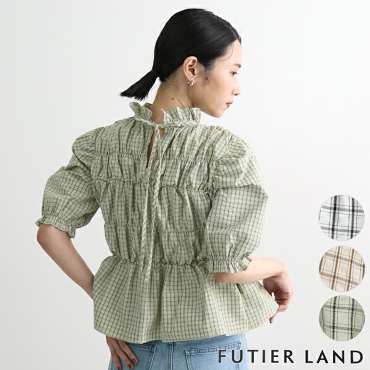 ミントグリーン | チェック柄シャーリングブラウス | futier land
