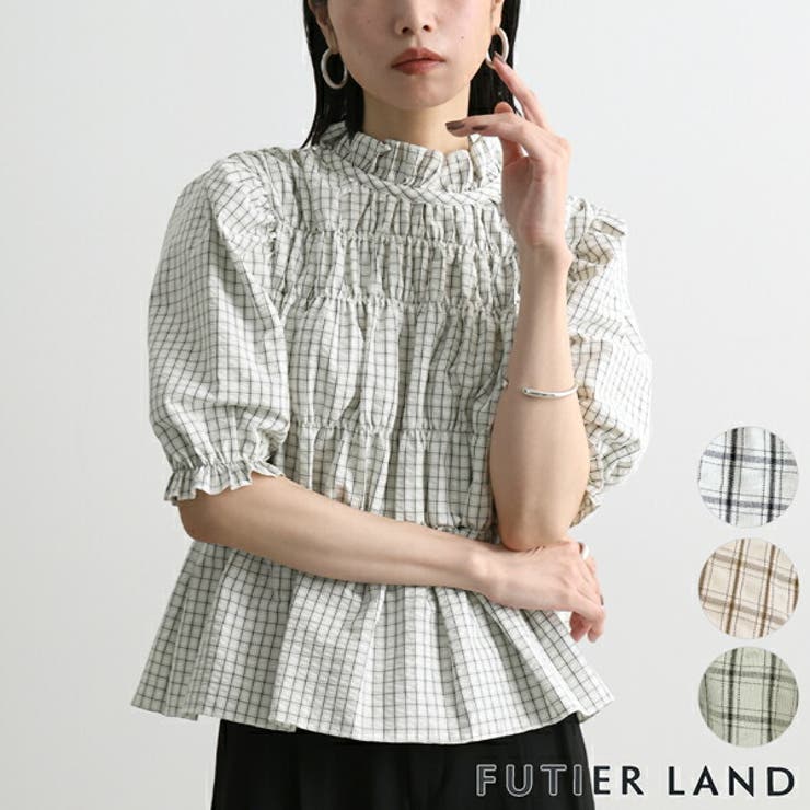 オフホワイト | チェック柄シャーリングブラウス | futier land