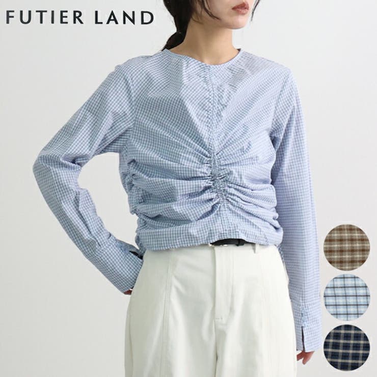 ブルー | チェックギャザーショート丈ブラウス/シャツ | futier land