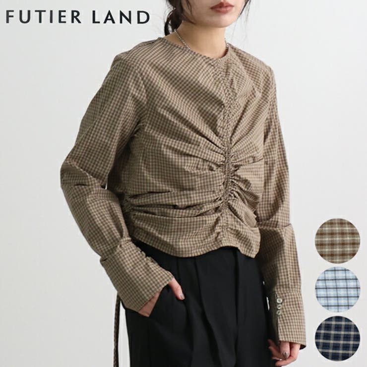 ブラウン | チェックギャザーショート丈ブラウス/シャツ | futier land