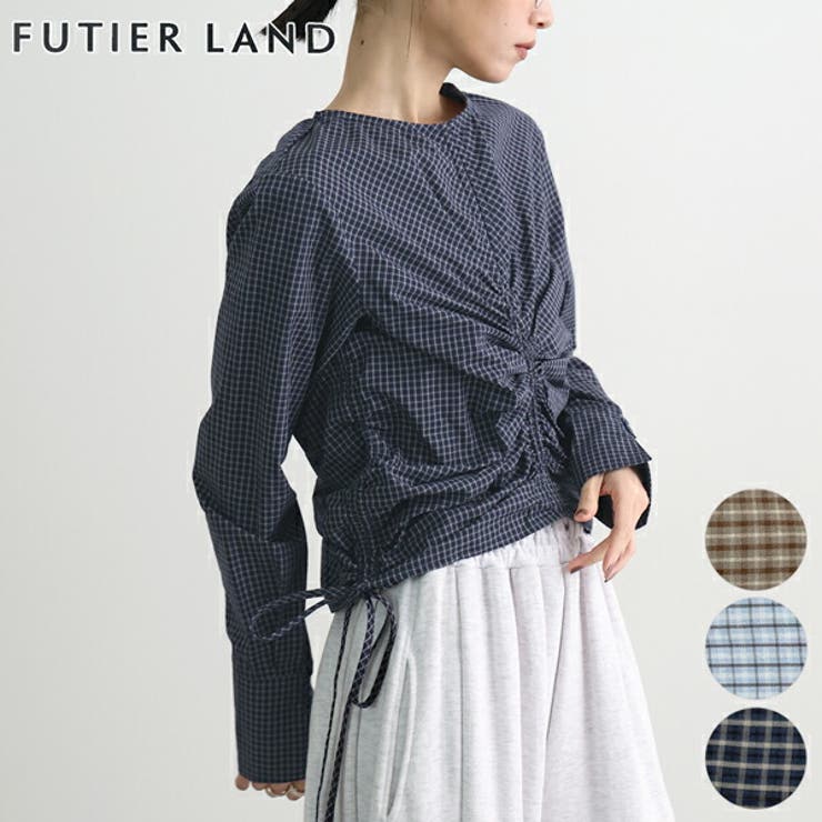 ネイビー | チェックギャザーショート丈ブラウス/シャツ | futier land