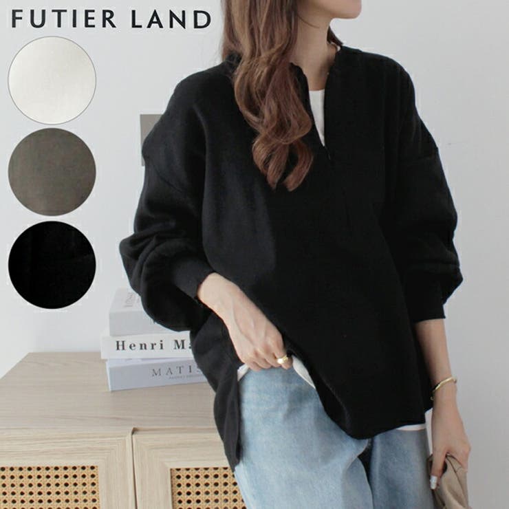 ブラック | ハーフジップ長袖ニットプルオーバー | futier land