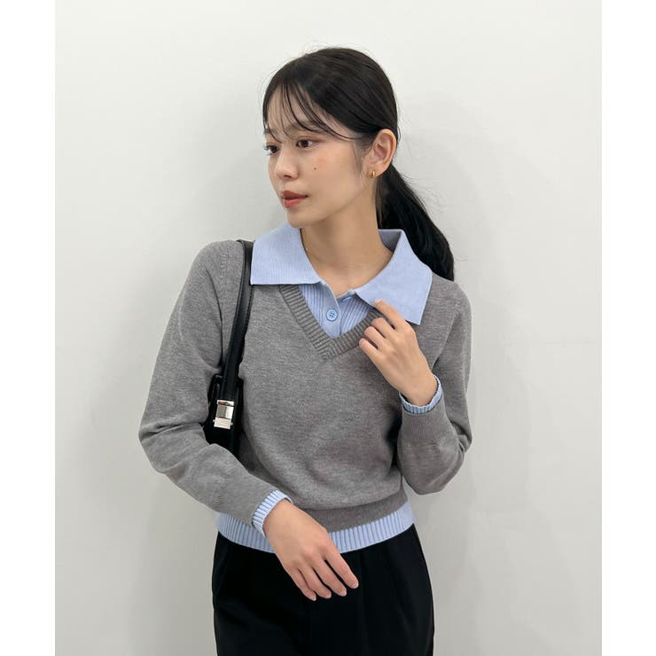 こなれ感出せる配色ニット。レイヤード風ポロニットトップス | futier land | 詳細画像18 