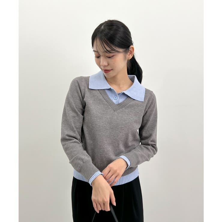 ブルー×グレー | こなれ感出せる配色ニット。レイヤード風ポロニットトップス | futier land