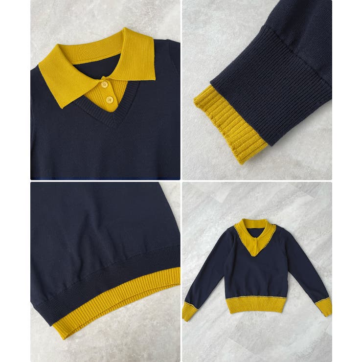 こなれ感出せる配色ニット。レイヤード風ポロニットトップス | futier land | 詳細画像10 