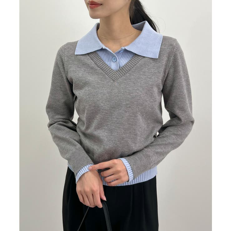 こなれ感出せる配色ニット。レイヤード風ポロニットトップス | futier land | 詳細画像24 