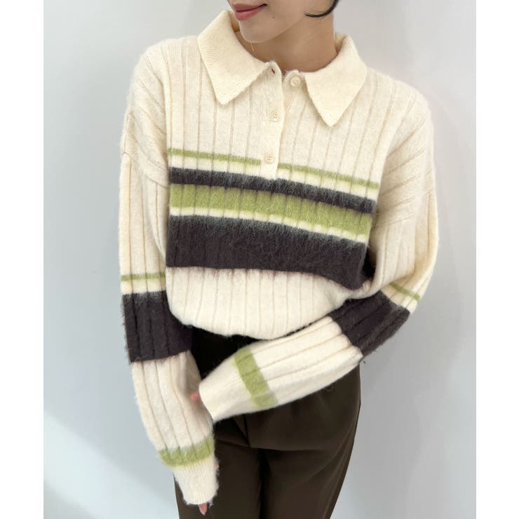 アイボリー | ふわっと包まれる幸せニット。アルパカタッチボーダーポロニット | futier land