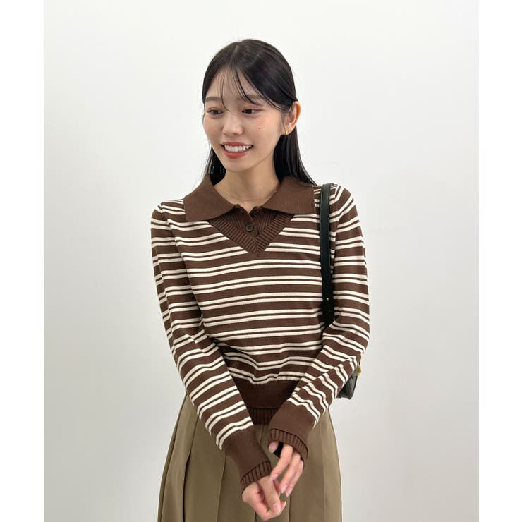 ブラウン×ボーダー | こなれ感出せる配色ニット。レイヤード風ポロニットトップス | futier land