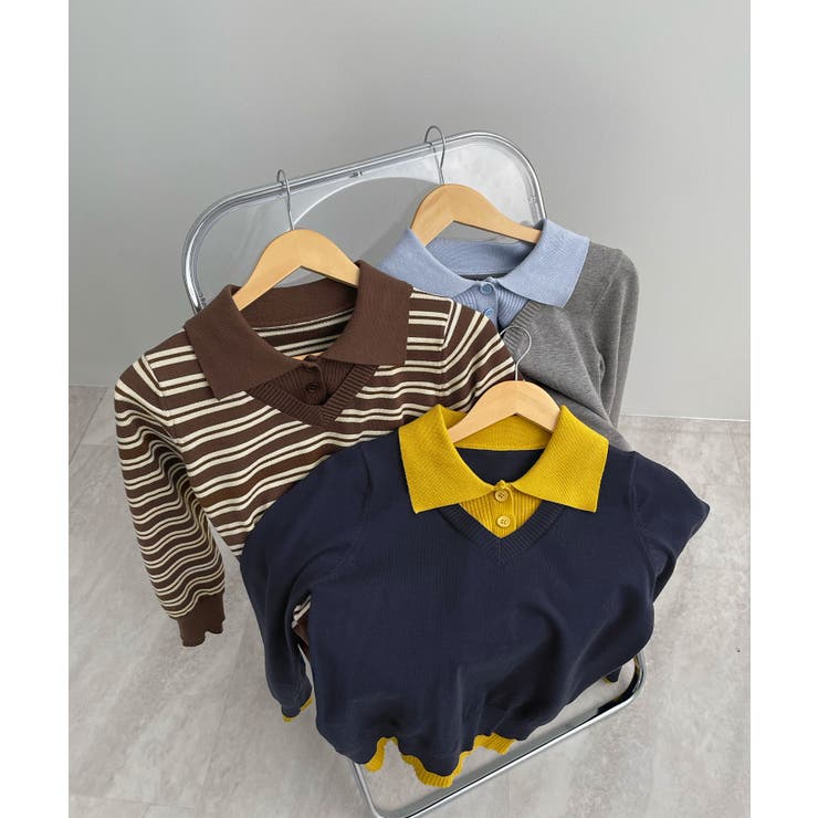 こなれ感出せる配色ニット。レイヤード風ポロニットトップス | futier land | 詳細画像33 