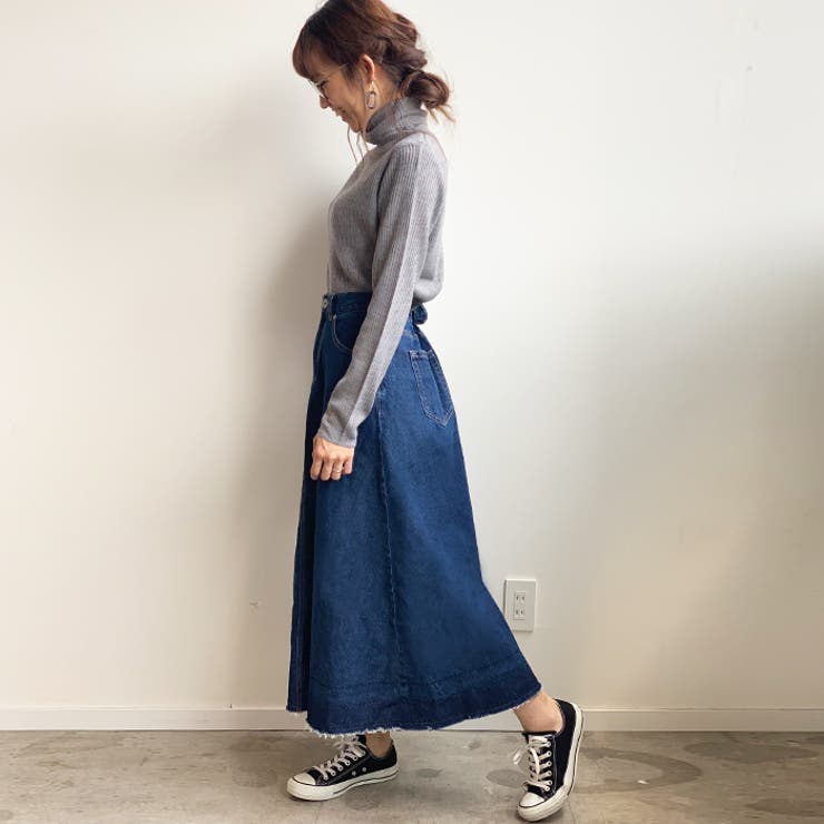 リメイクデニムロングスカート　フリルスカート　Lサイズ リメイク風フリンジヘムデニムロングスカート(S ブルー