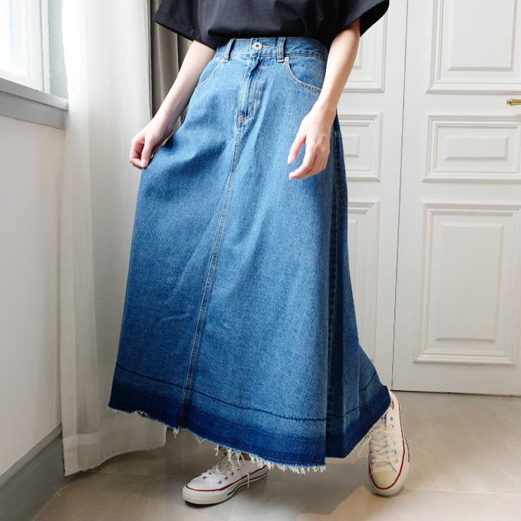 リメイク風デニム デニムスカート ロングスカート[品番