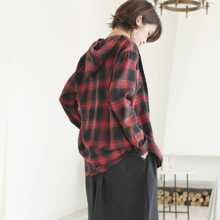 waacフード付きシャツ ファッション パーカー チェック柄 フード付き フード付き