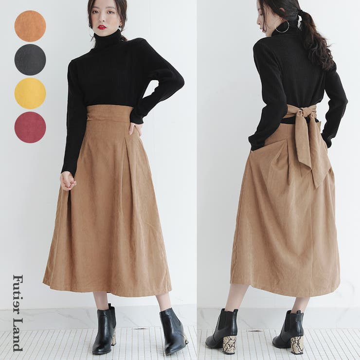 フレアスカート ミディスカート ウエストリボン[品番：FI000005857