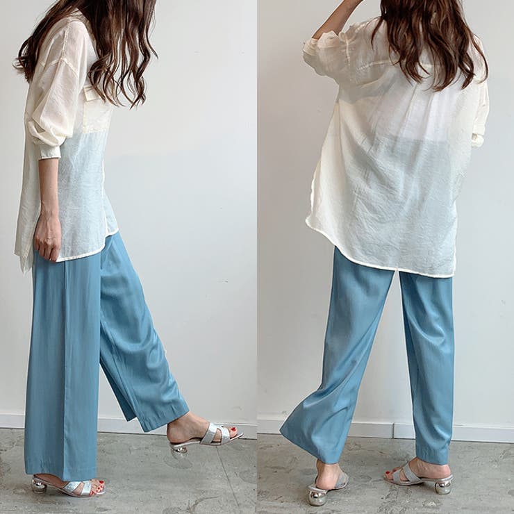 viavanda サテンパンツ グレー　FREE ドレープサテン・ワイドパンツ／プリント /40代50代からの