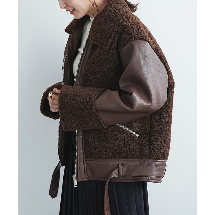 フェイクレザー ボアジャケット 異素材切替[品番：FI000006519