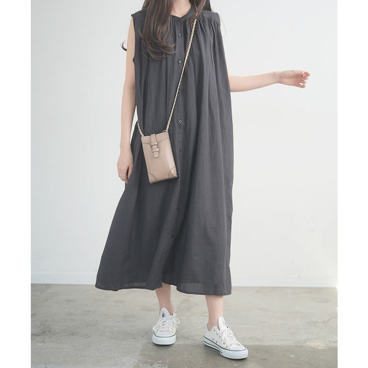 ギャザーワンピース ノースリーブ ロングワンピース[品番