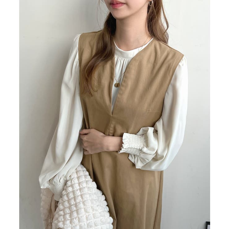 【美品】レストローズ　パールワンピース　Vネックドレス ストレートフレア黄 M 美品】レストローズ パールワンピース Vネックドレス ストレート