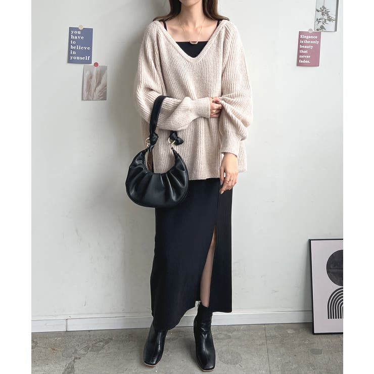 Drawer Vネック&amp;バックリボンニット/茶/size1 スッキリした胸元が色っぽい。バックリボンVネックニット[品番