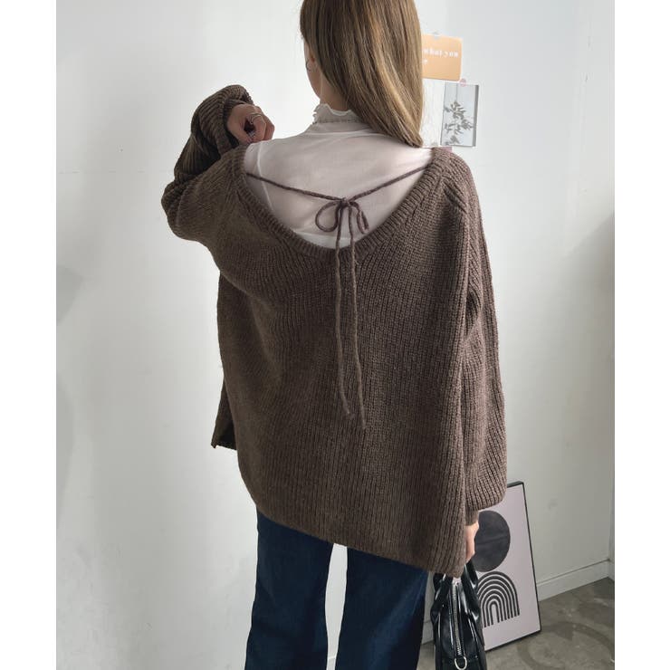 Drawer Vネック&バックリボンニット/茶/size1 スッキリした胸元が色っぽい。バックリボンVネックニット[品番