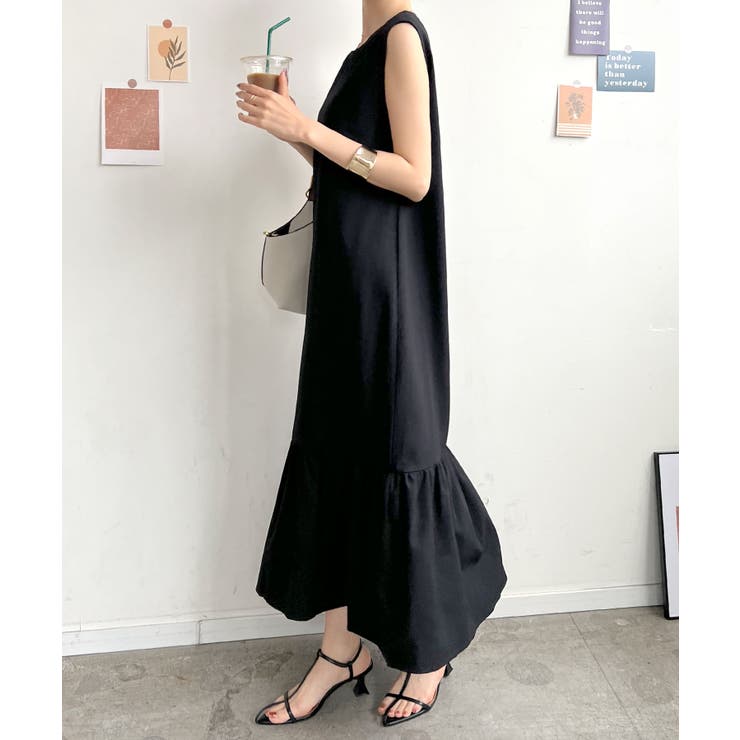近年モデル ルネ Daily Dress フレア ロング ノースリーブワンピース ノースリーブ フレア ロングワンピース[品番：FI000008221