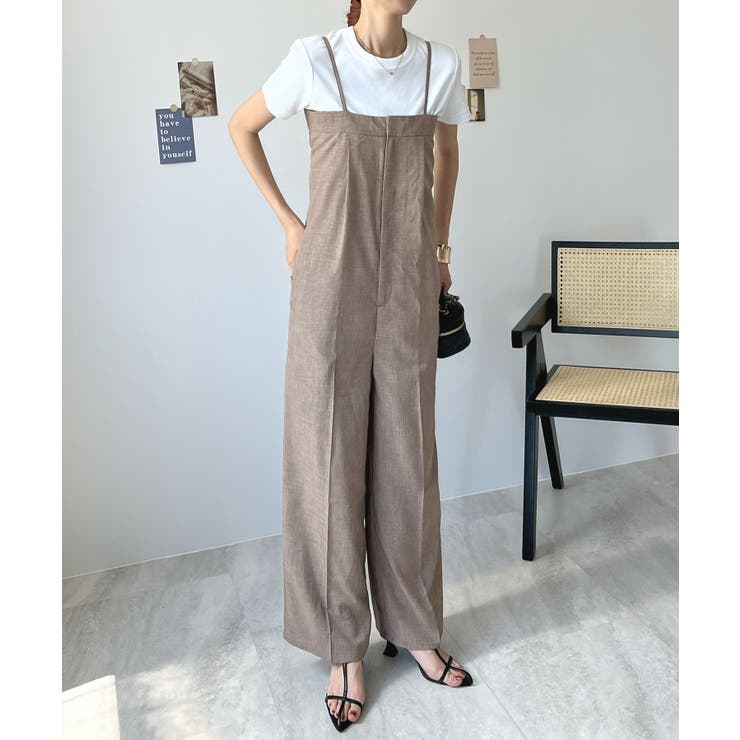 【海外限定】 低身長向けに大人っぽく着こなせる♪》リネンライクベアトップ サロペット・オーバーオール・オールインワン