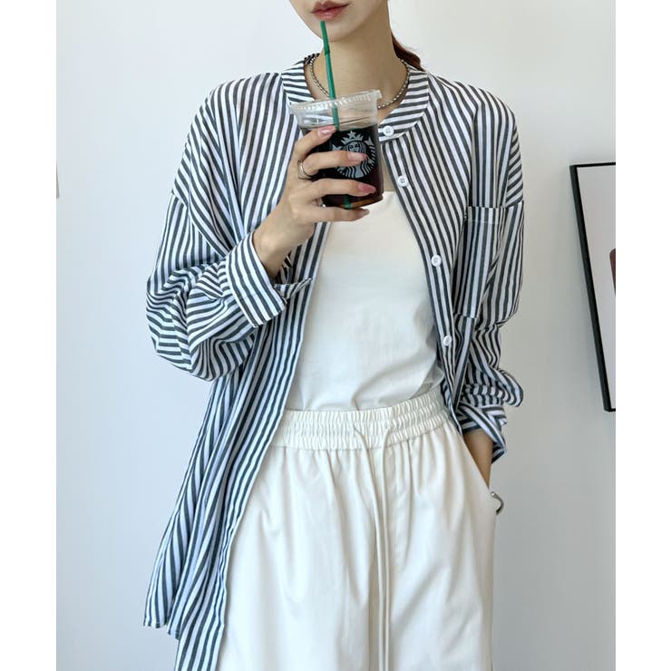 スッキリとした印象与える使いやすいアイテム♪》ノーカラーストライプ